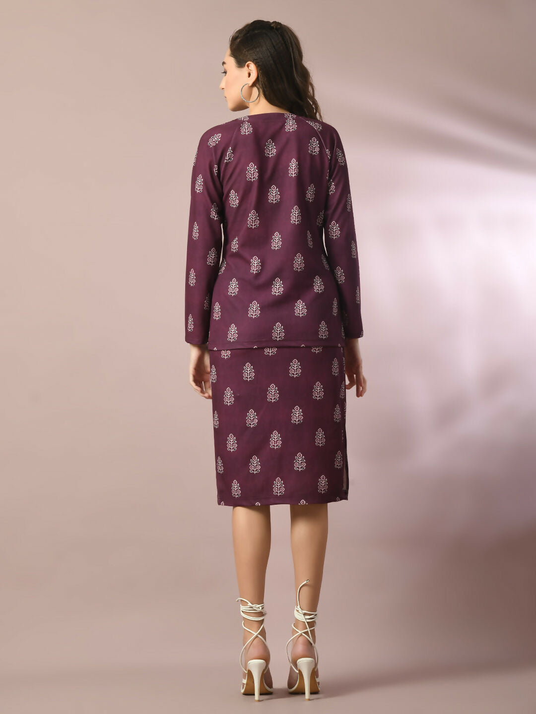 Myshka Women's Magenta Printed Round Neck Party Top With Skirt Co-ord set - Swadesiicart