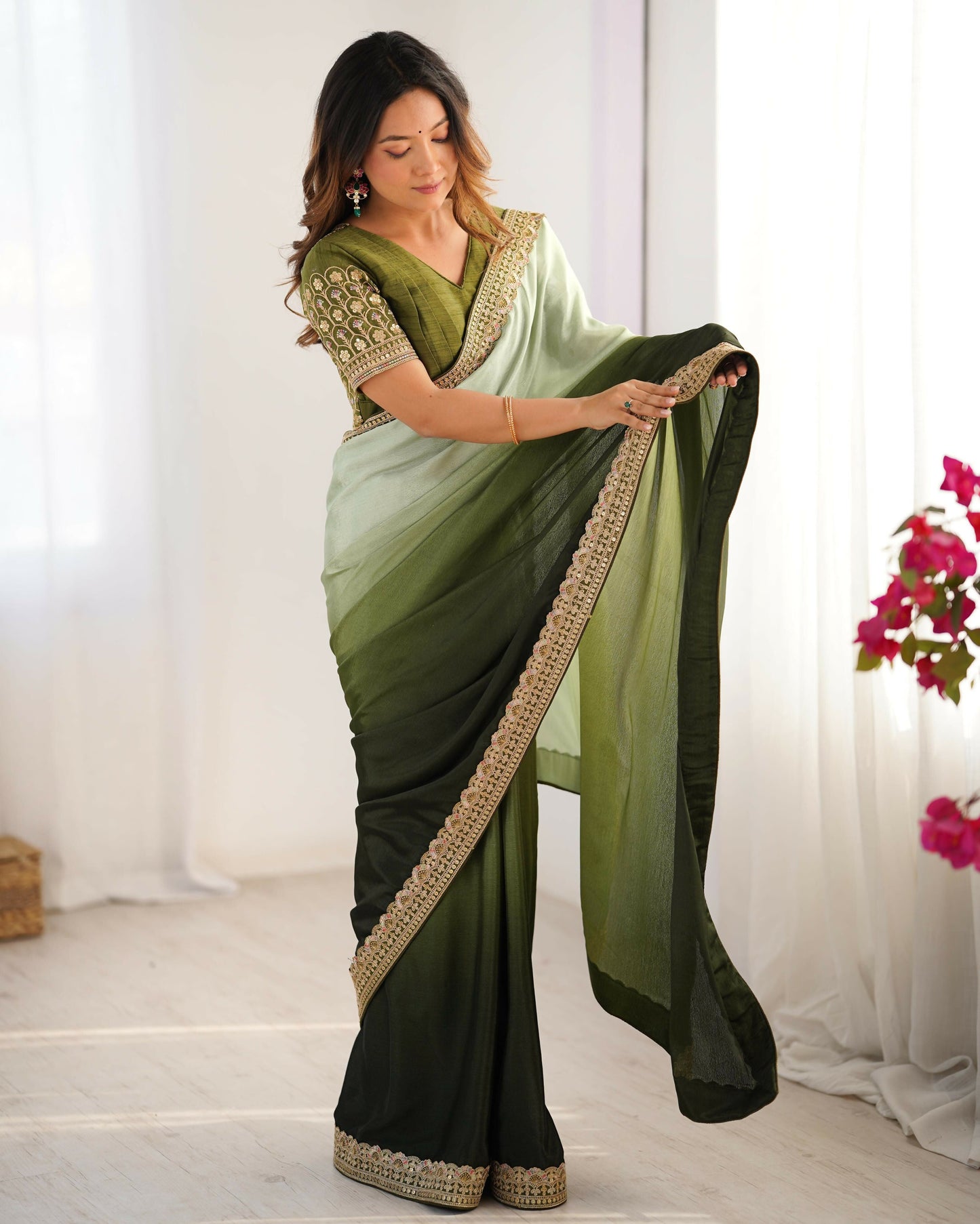 Exclusive Collection Pista Green Party Wear Chinon Salk Saree - Swadesiicart