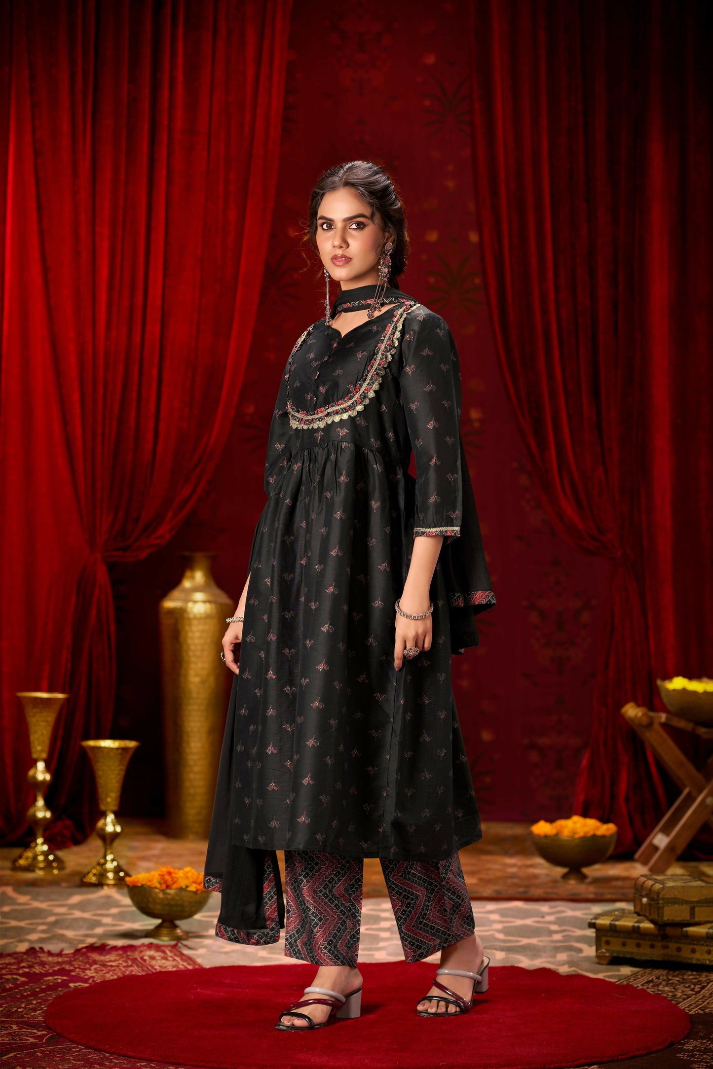 BulBul Black Ajrakh Print Chanderi Silk Kurta Set with Dupatta - Swadesiicart