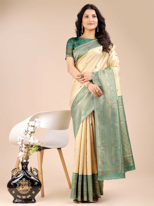 Astita Aura Silk Cream Green Banarasi Silk Saree | Swadesiicart