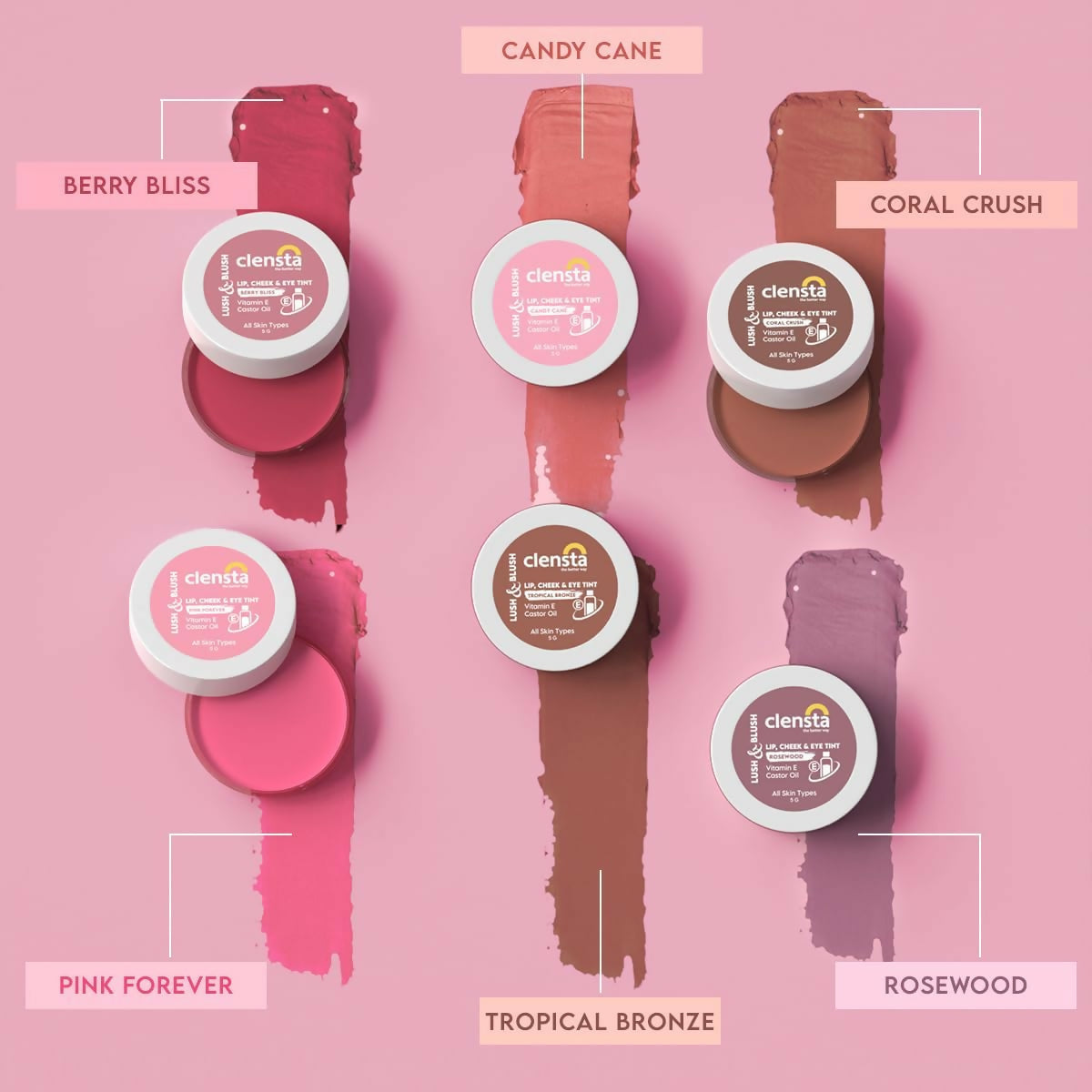 Clensta Lip Cheek Tint - Pink Forever, with Goodness of Vitamin E & Castor Oil - Swadesiicart