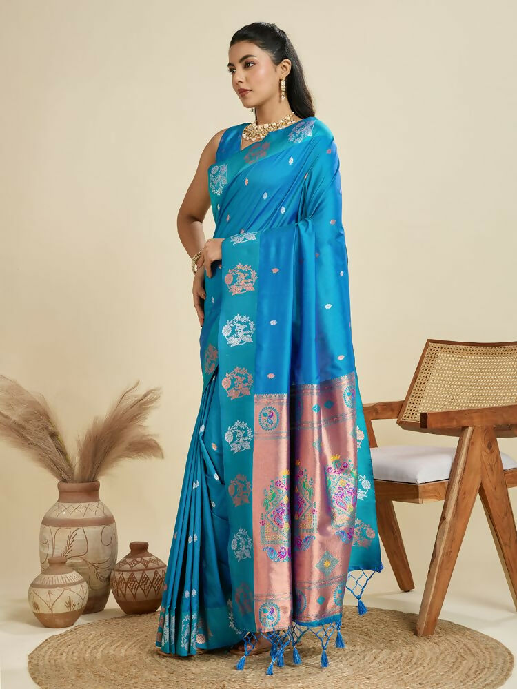 Vishnu Weaves Women's Firozi Banarasi Silk Zari Woven Saree with Blouse - Swadesiicart