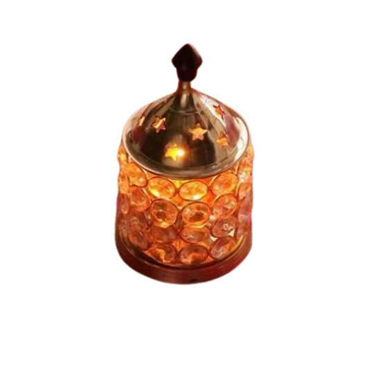 Puja N Pujari Gold Brass Crystal Akhand Jyoti with Glass Cover / Diwali Oil Lamp Diya | Swadesiicart