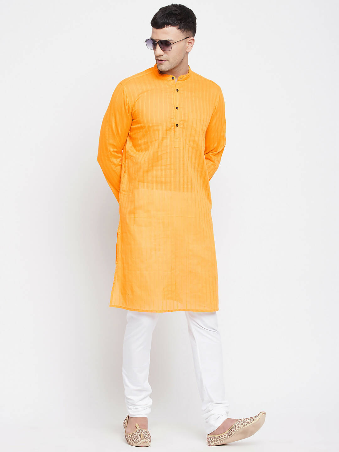 Even Apparels Men's Pure Cotton Kurta With Band Collar in Yellow Color | Swadesiicart