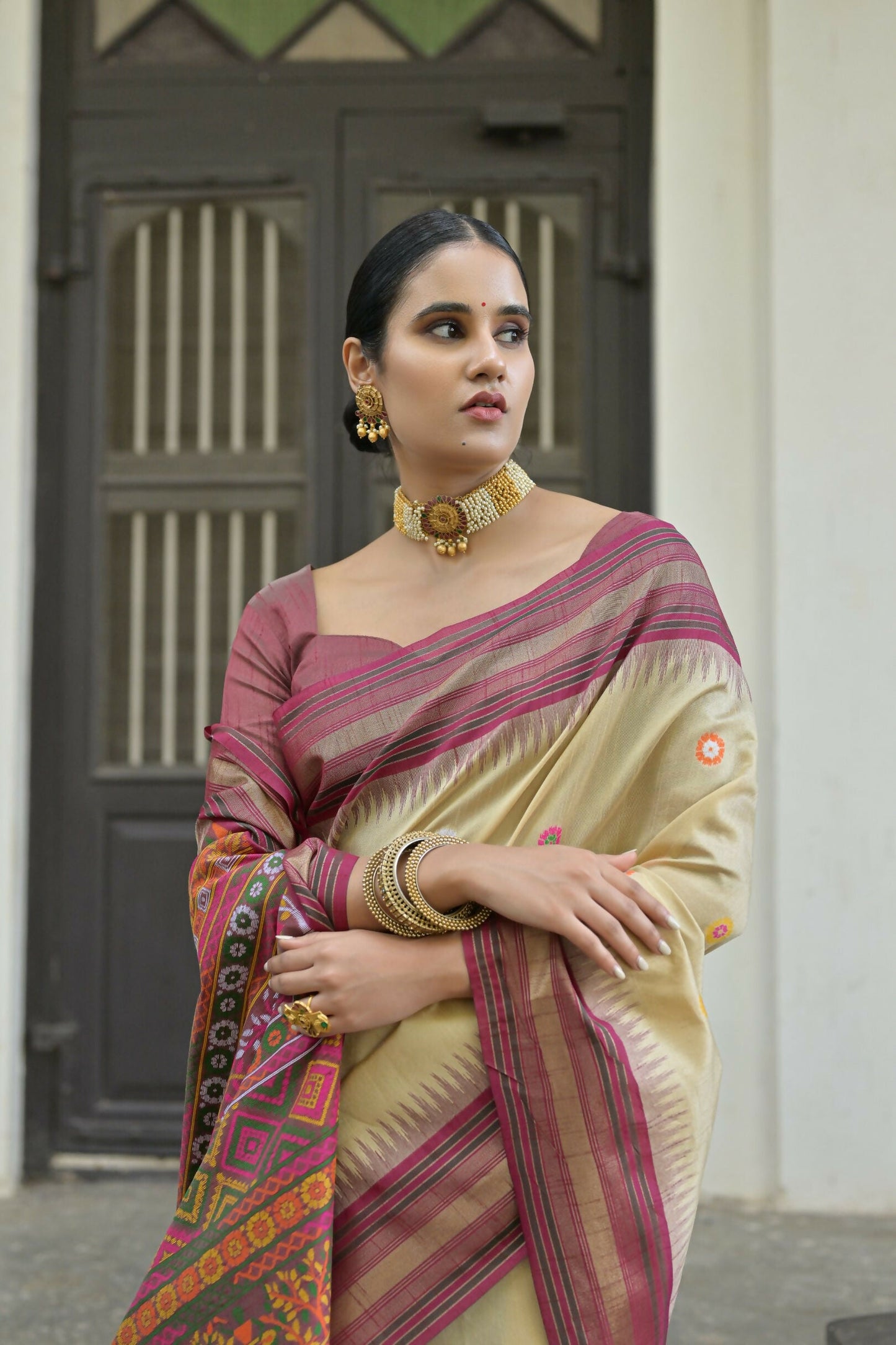 Vishnu Weaves Women's Chiku Handloom Raw Silk Saree with Blouse - Swadesiicart