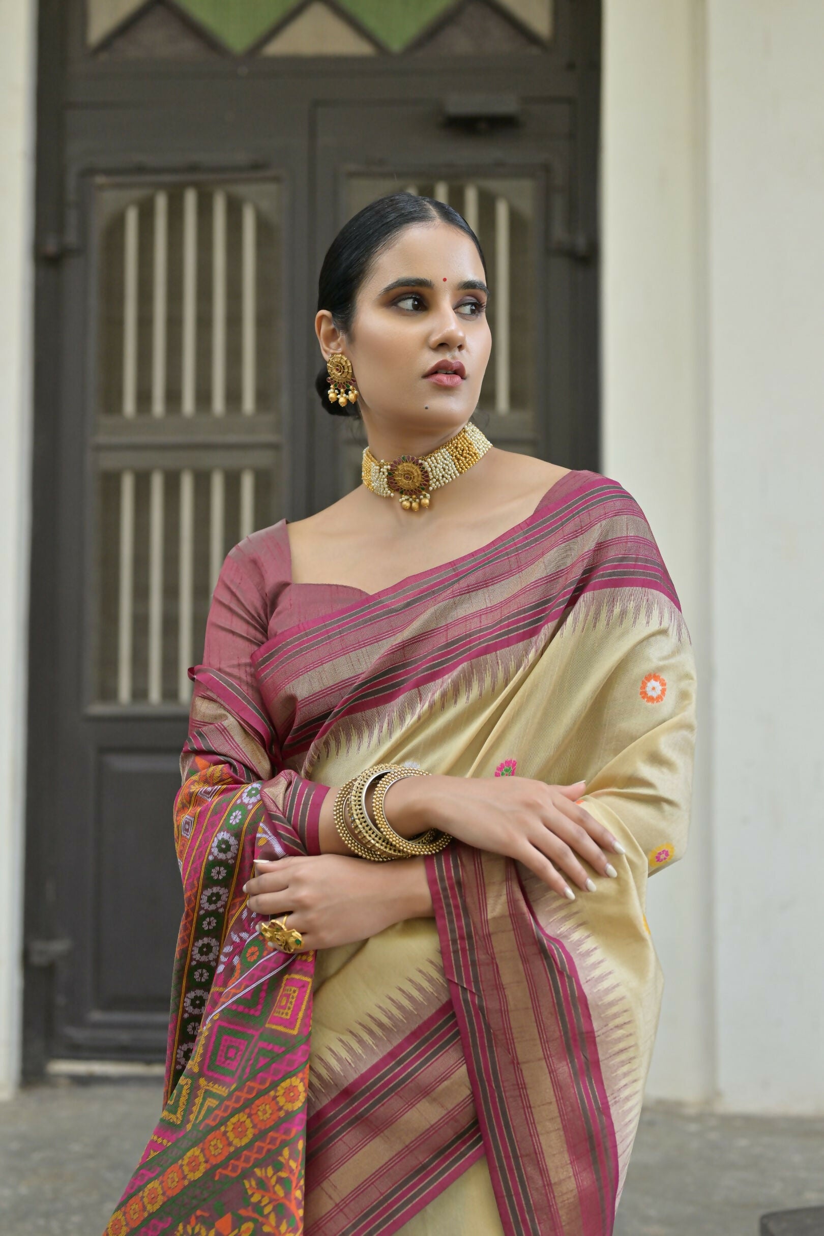 Vishnu Weaves Women's Chiku Handloom Raw Silk Saree with Blouse - Swadesiicart