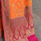 Joban Fashion Orange Crepe Chiffon Pure Handloom Banarasi Silk Saree | Swadesiicart