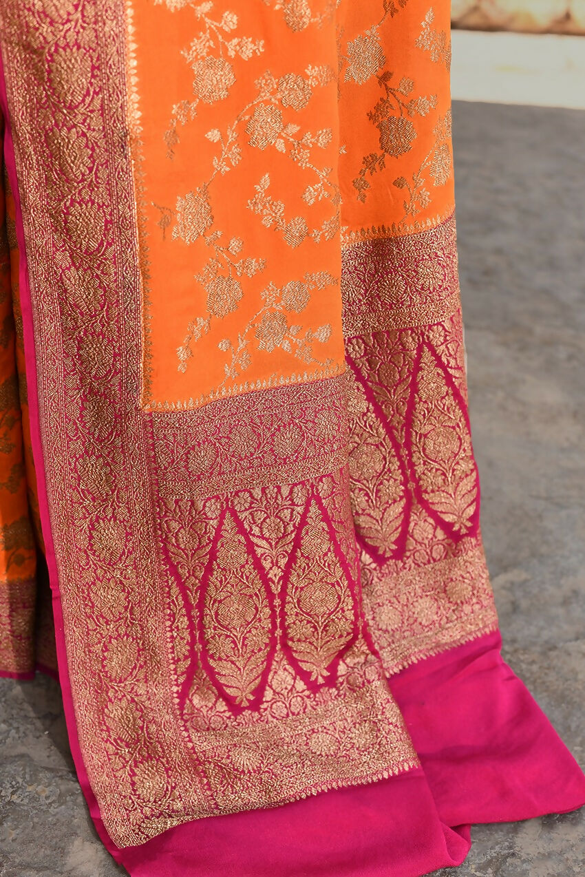 Joban Fashion Orange Crepe Chiffon Pure Handloom Banarasi Silk Saree | Swadesiicart