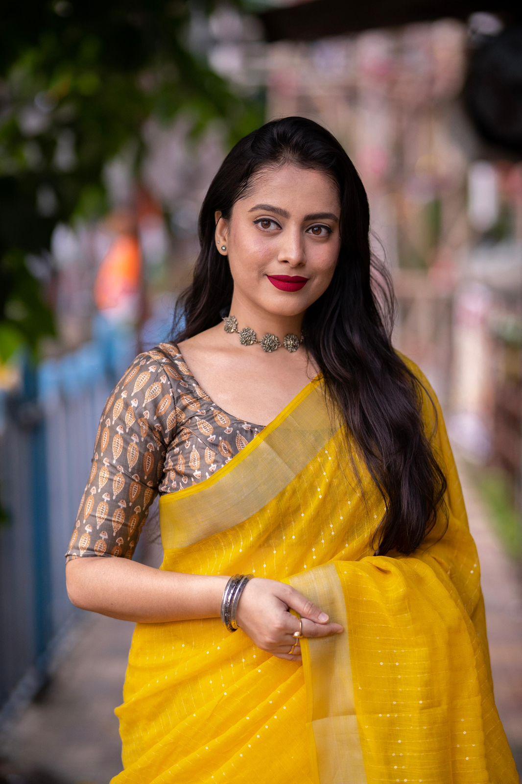 Mustard Linen Sequence Saree with Unstitched Blouse - Hiral Fashion | Swadesiicart
