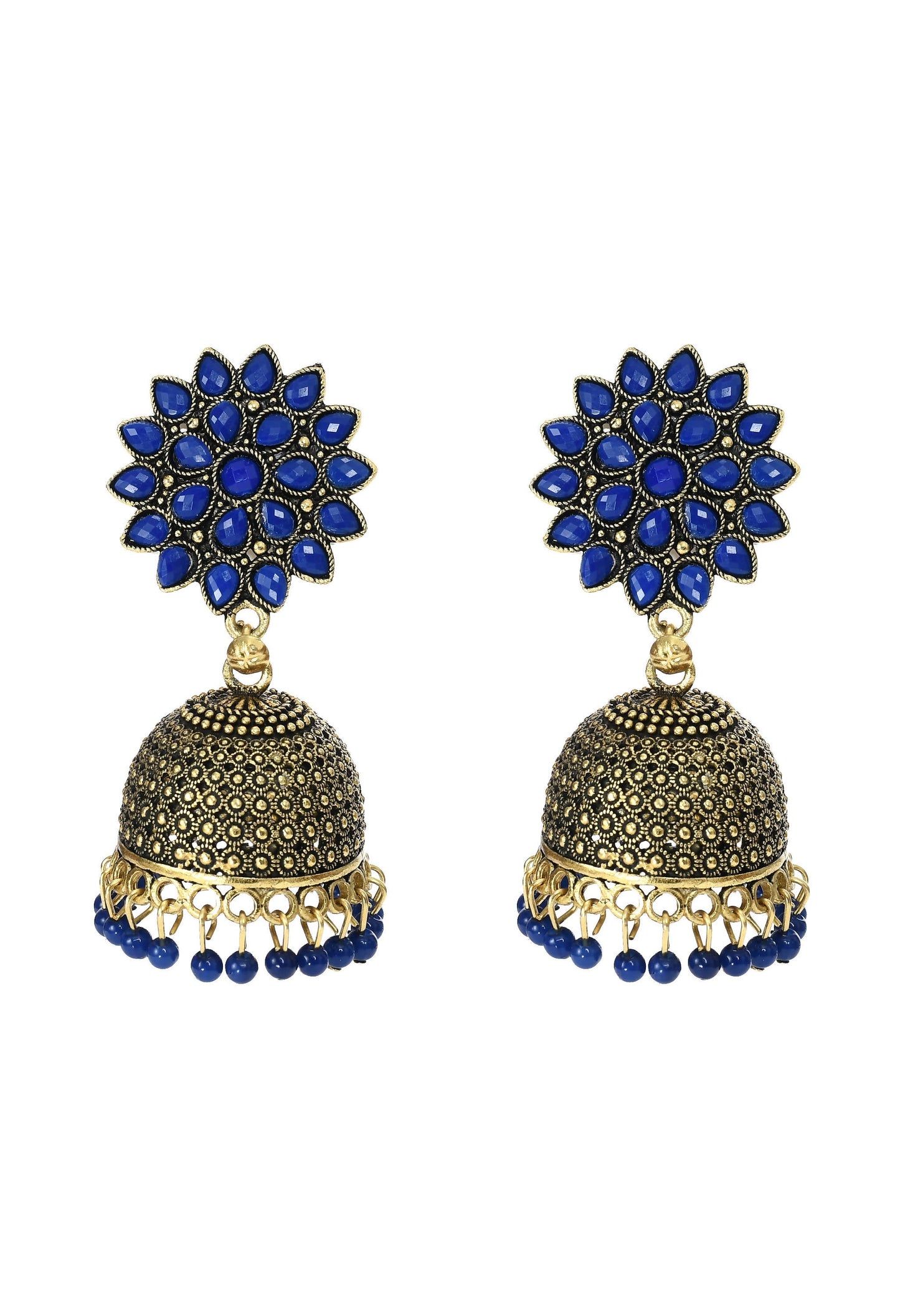 Mominos Fashion Johar Kamal Kundan Work Jhumka With Blue Beads For Women - Mominos Fashion