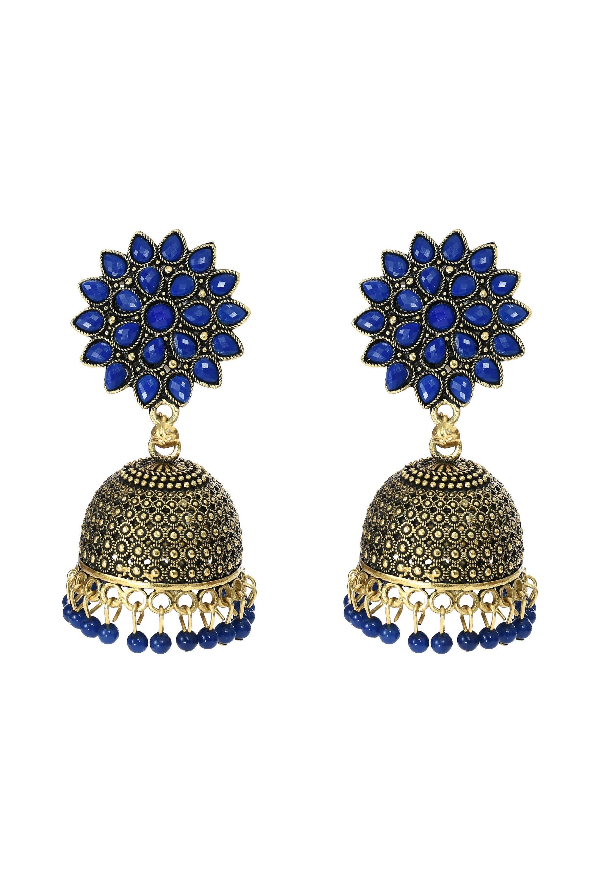 Mominos Fashion Johar Kamal Kundan Work Jhumka With Blue Beads For Women - Mominos Fashion