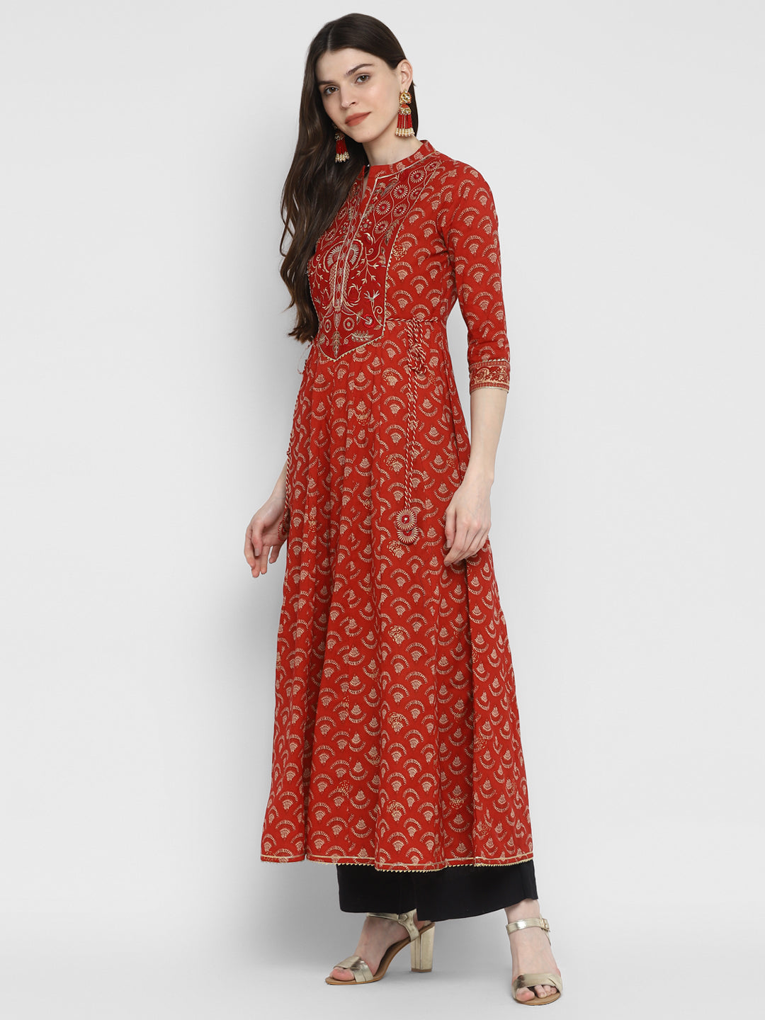 NOZ2TOZ Women's Embroidered & Printed Anarkali Cotton Red Kurta - Swadesiicart