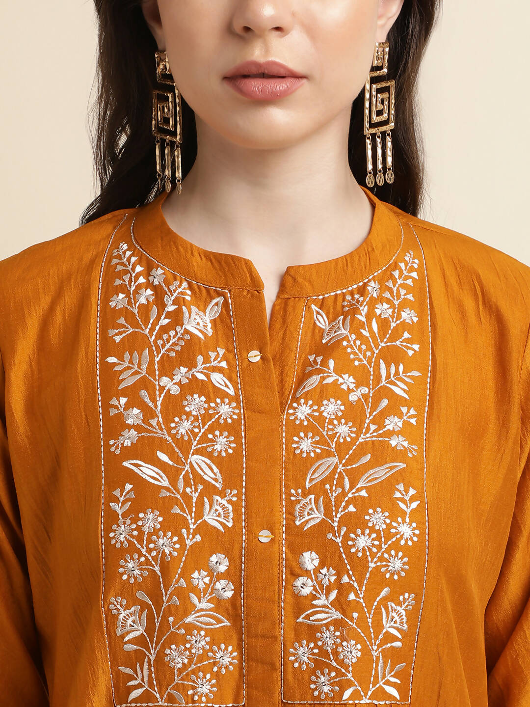 Mustard Chinon Yoke Embroidered A-line Top - Tarini - Swadesiicart
