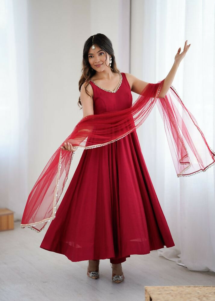 Joban Fashion Maroon Kurta Set Chanderi Sequence Embroidery Work - Swadesiicart