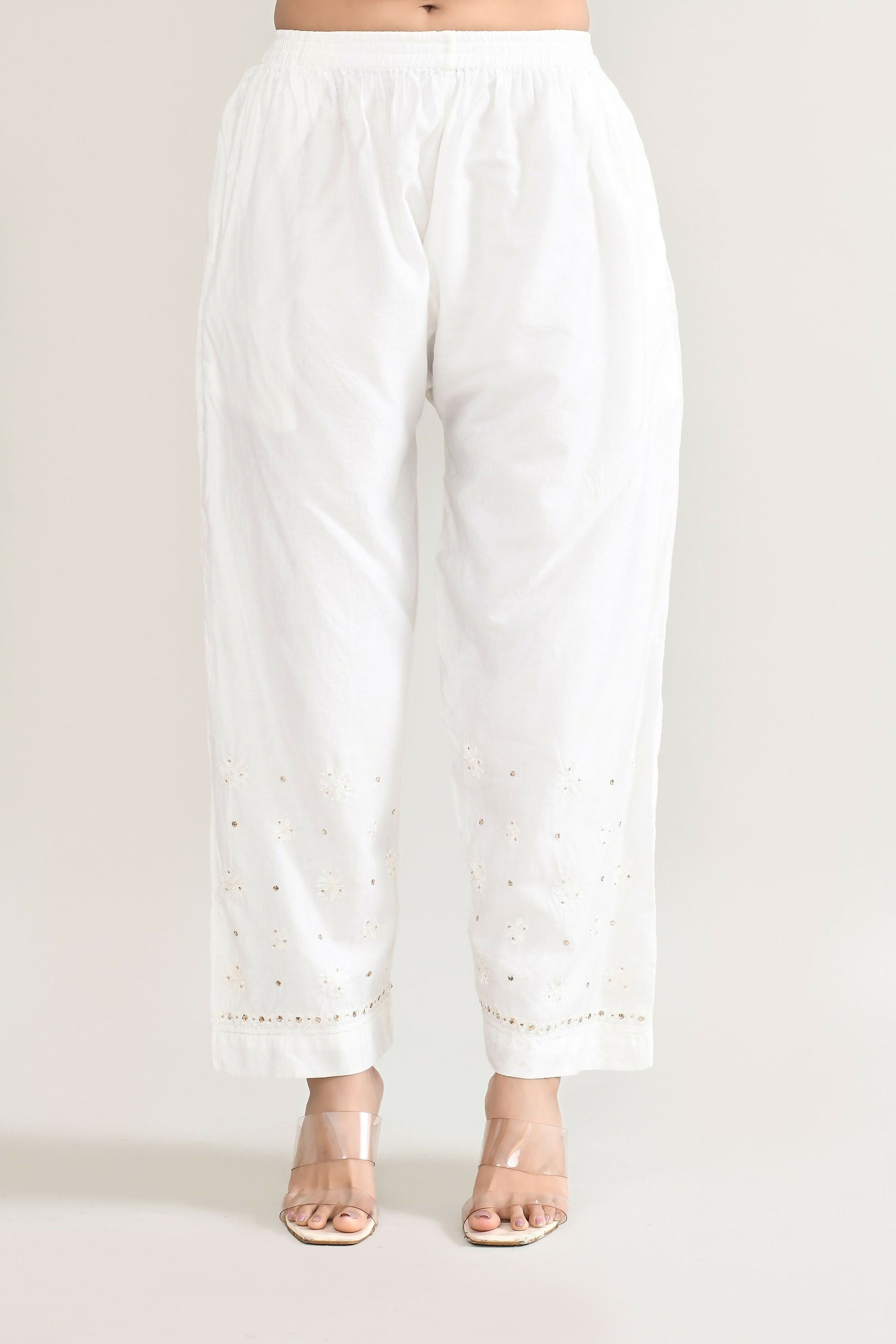 Joban Fashion Womens Cotton ChikanKari Off White Cord set - Swadesiicart
