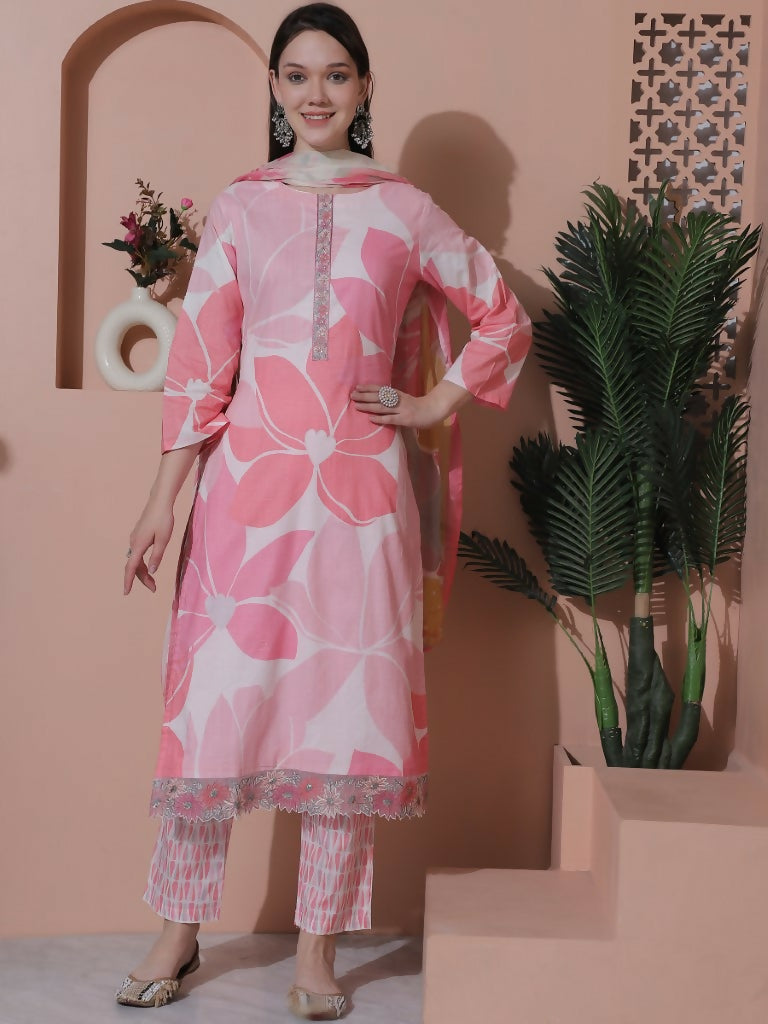 Jyoti Fashion Women's Pink Cotton Floral Digital Print & Floral Embroidered Cutwork Border Sequins Work Kurta with Trouser & Dupatta | Swadesiicart