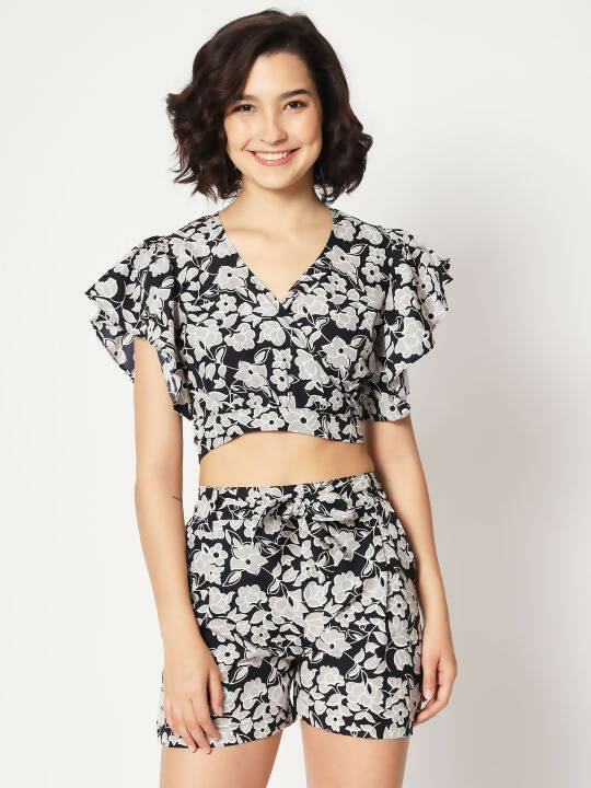 Black Crepe Floral Printed Top with Matching Shorts Set - Shivani