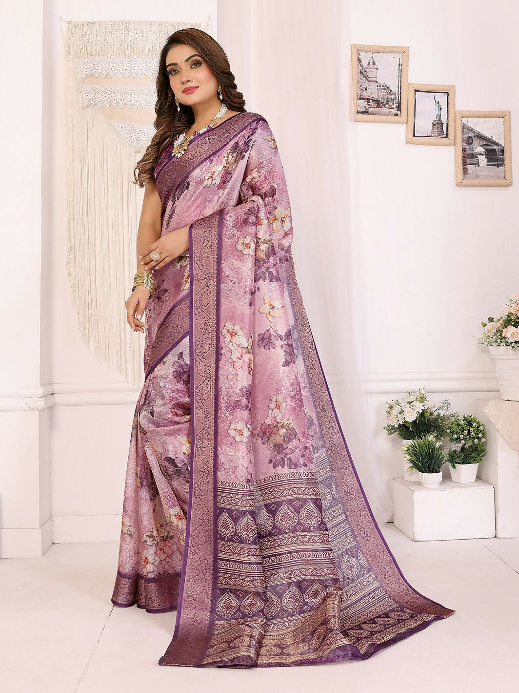 Joban Fashion Purple Floral Print pattern Banarasi Silk Sarees | Swadesiicart