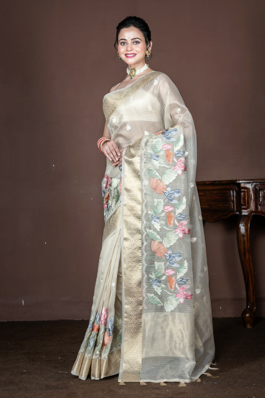 Morchari Beige Banarasi Tissue Computer Embroidery Saree Unstitched Blouse | Swadesiicart
