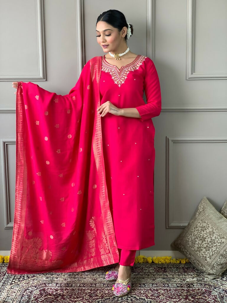 Partywear Designer Viscos Chanderi Red Stitched Suit With Dupatta - Tanisha | Swadesiicart