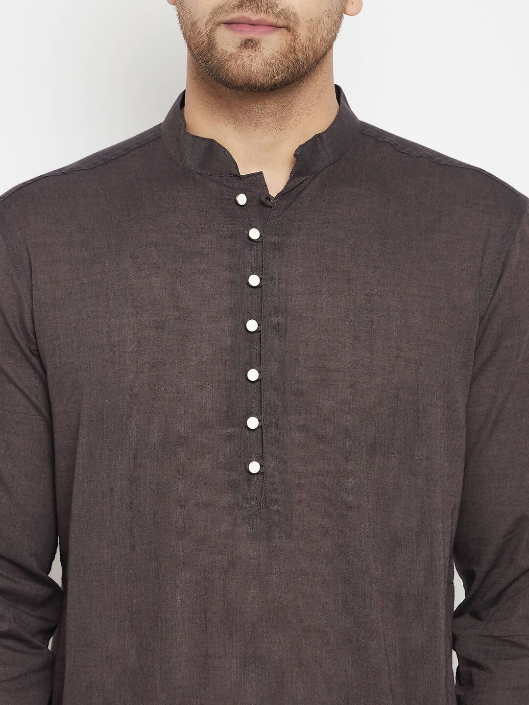 Even Apparels Brown Pure Cotton Long Men's Kurta With Band Collar | Swadesiicart