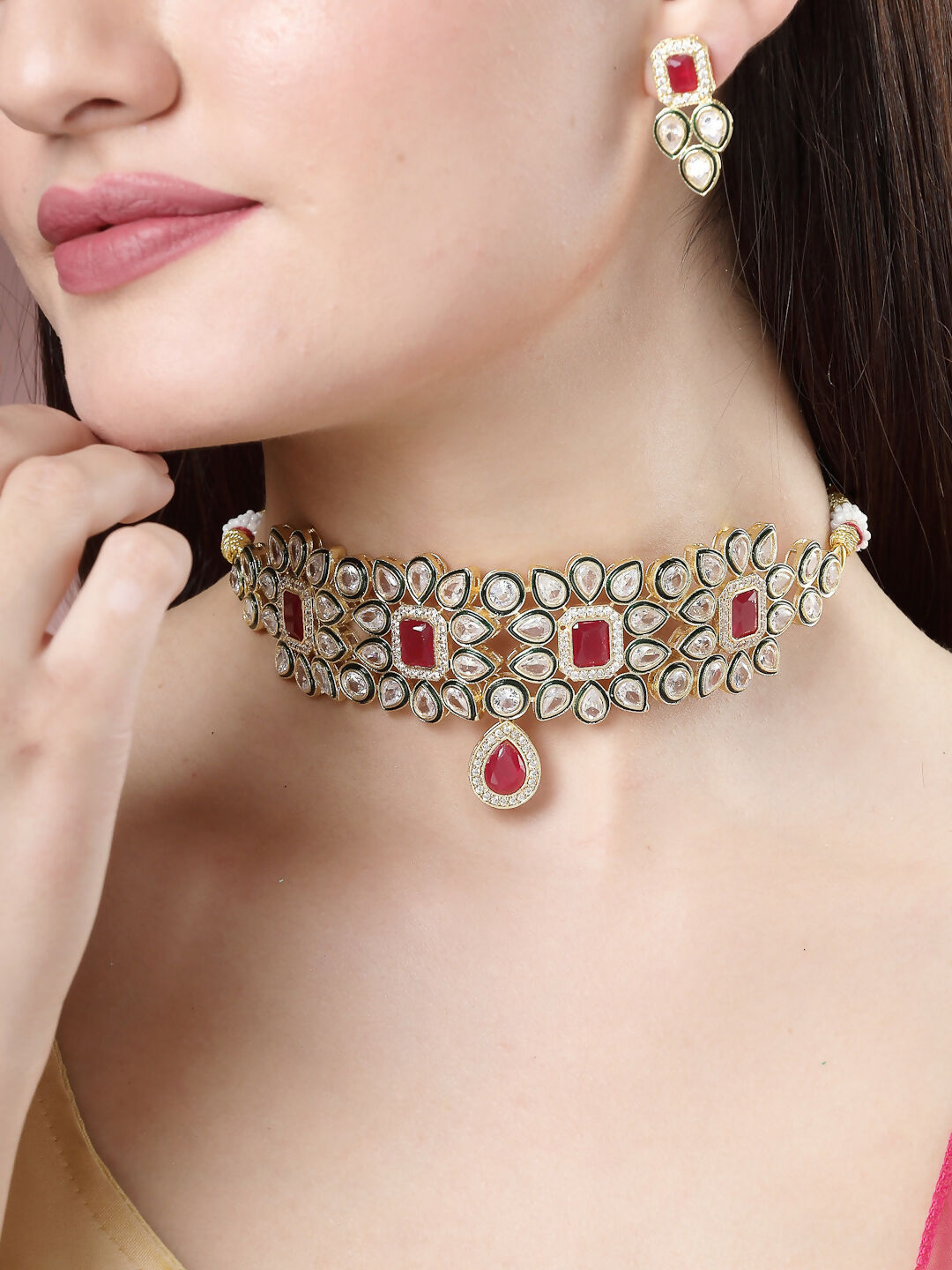 NVR Women's Set of 2 Red & Gold Kundan Studded Jewellery Set Choker & Long Necklace With Earrings - Swadesiicart