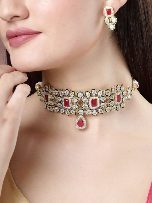 NVR Women's Set of 2 Red & Gold Kundan Studded Jewellery Set Choker & Long Necklace With Earrings - Swadesiicart
