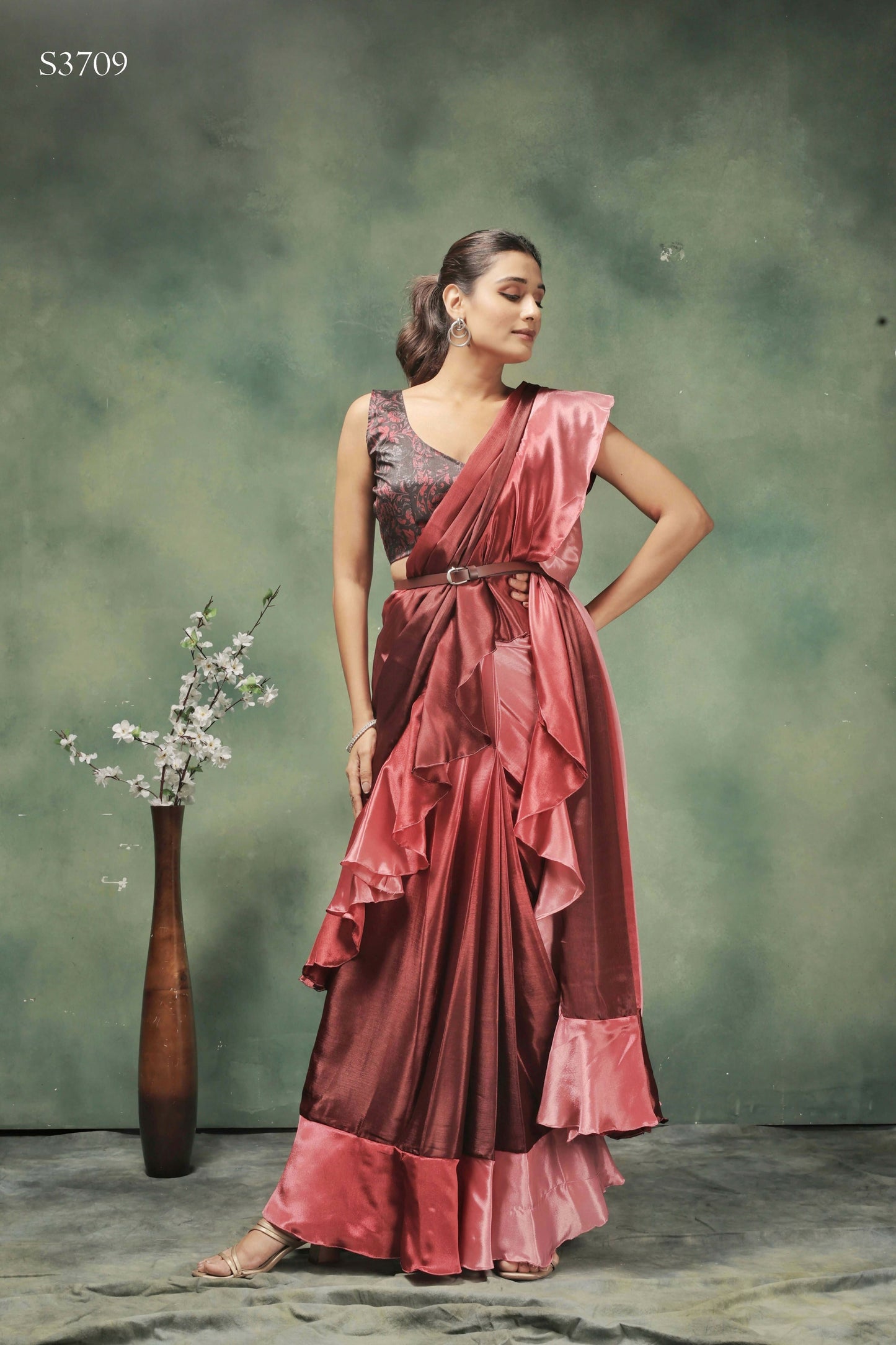 Pink Satin Solid Designer, Printed Party Wear Ready To Wear Saree - Nasreen | Swadesiicart