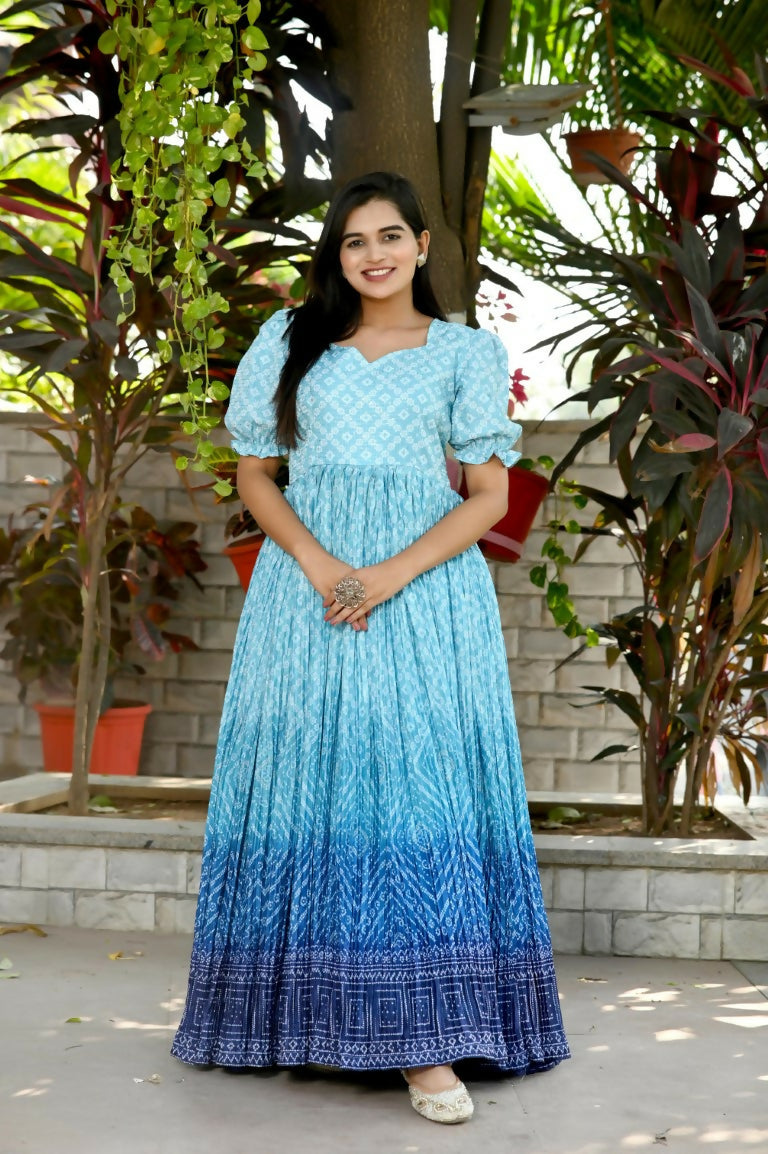 Jyoti Fashion Women's Sky Blue Bandhej Print with Crush Pleating Muslin Anarkali Dress | Swadesiicart