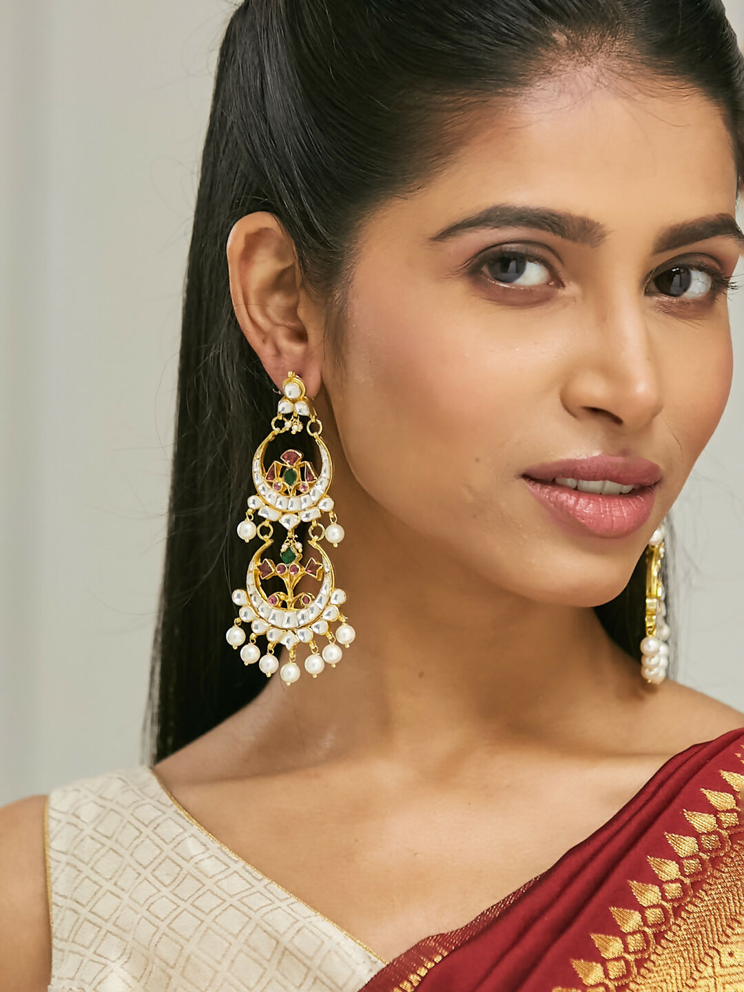 Nuyug 22K Gold-Plated Kundan Studded & Pearl Beaded Layered Chandbalis | Swadesiicart