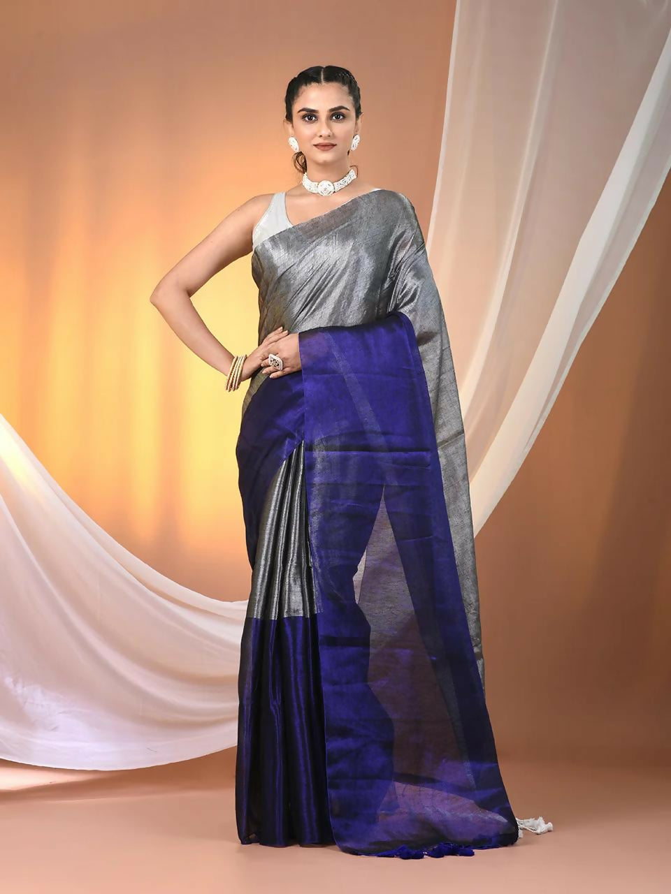 Exclusive Collection Beautiful Gray Blue Tissue Silk Hand Weaving Handloom Saree With Running Blouse Piece - Swadesiicart