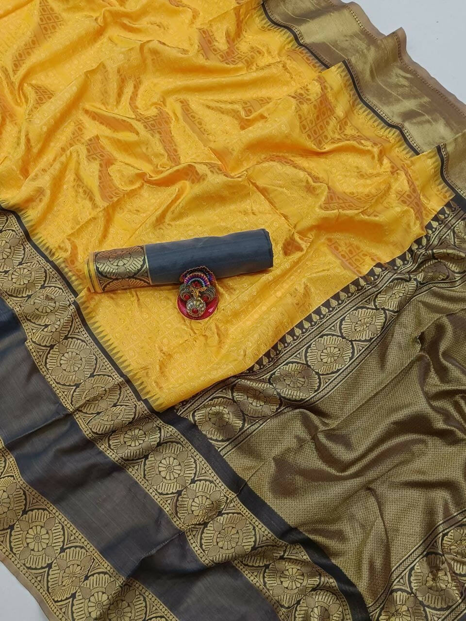 DEIANA'S Beautiful Designer Golden zari Soft Lichi Silk Saree - Yellow - Swadesiicart