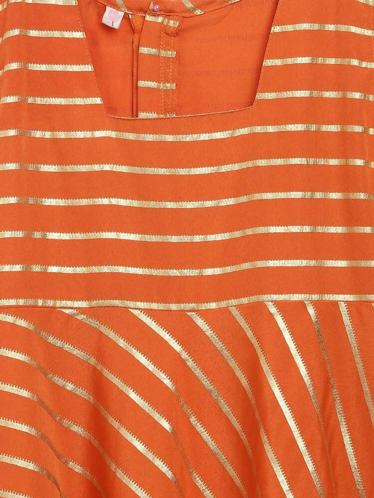 Ahalyaa Orange Crepe Gold Stripped Printed Kids Dress With Jacket For Girls | Swadesiicart