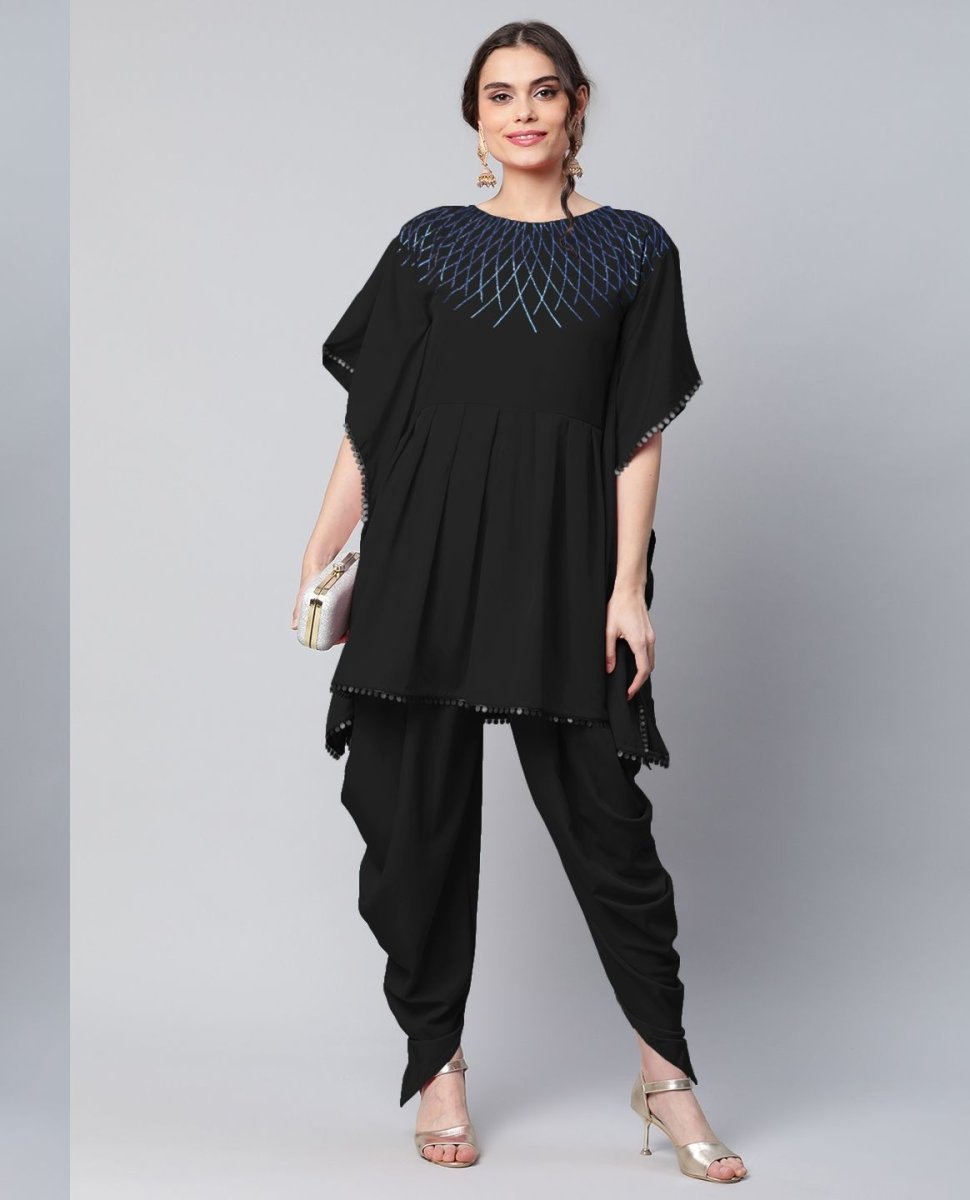 Ahalyaa Women Black Crepe Glitter Printed Kurta with Dhoti Pants | Swadesiicart