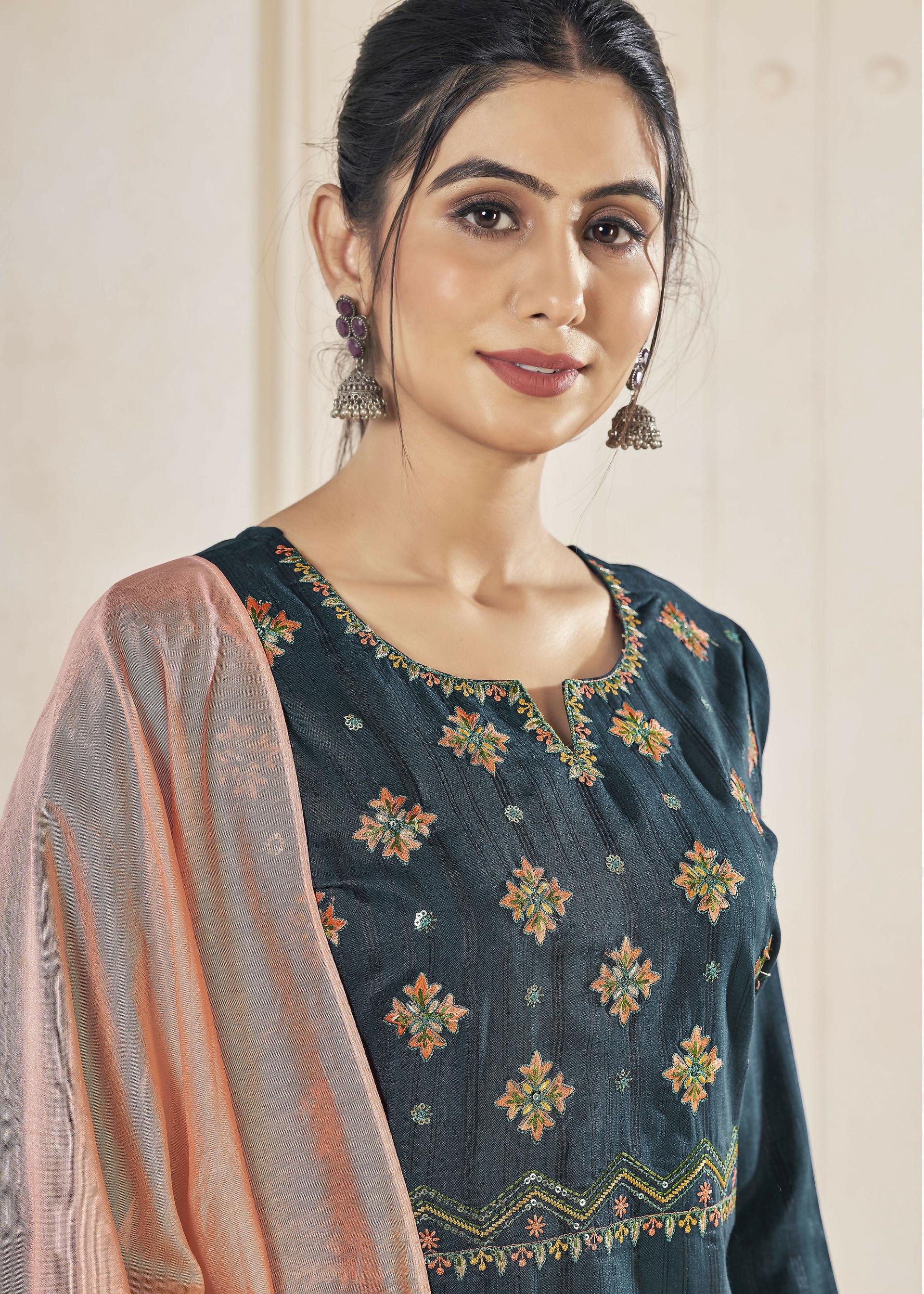 Jyoti Fashion Women's Morpich Pure Viscose Weaving Stripe with Embroidery Kurta Set | Swadesiicart