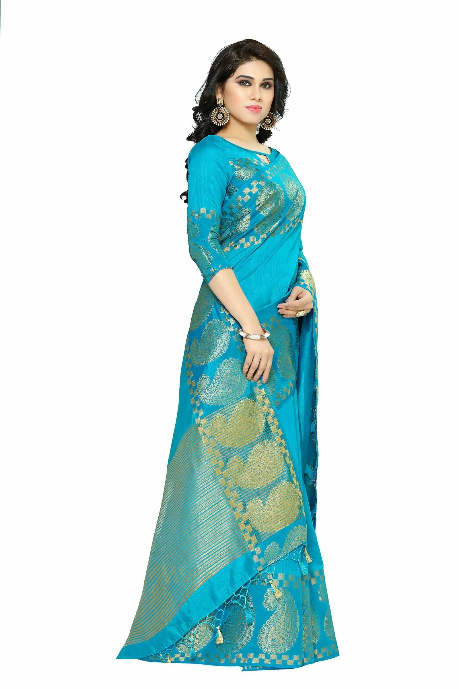 Mimosa Women's Banarasi Tussar Silk Turquoise Blue Saree | Swadesiicart