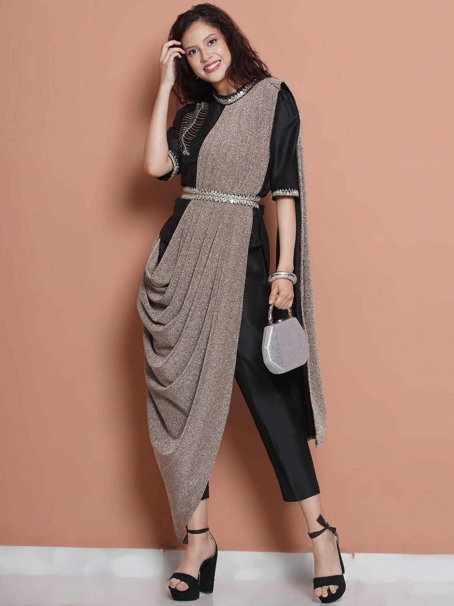 Women Republic Black Cotton Blended Set with Attached Drape | Swadesiicart