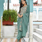 Vaasva Women's Teal Tissue Embroidered Suit Set With Solid Pant And Embroidered Dupatta | Swadesiicart