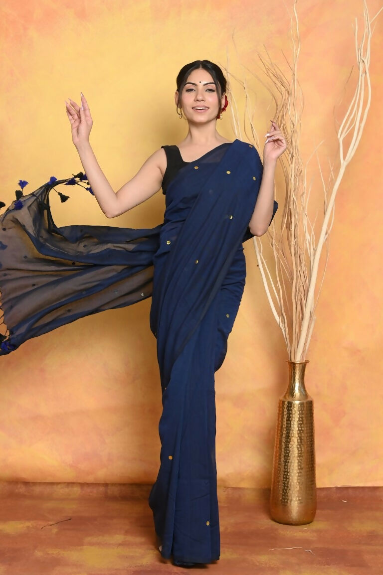 Very Much Indian Pure Mul Cotton Handloom Saree - Dark Blue | Swadesiicart