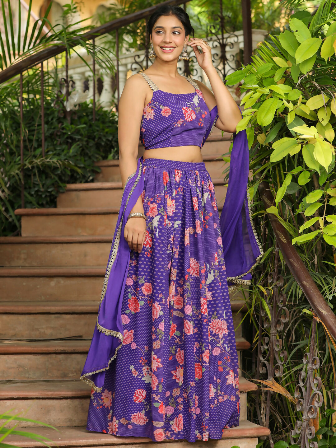 Janasya Purple Georgette Floral Lehenga Choli Dupatta | Swadesiicart