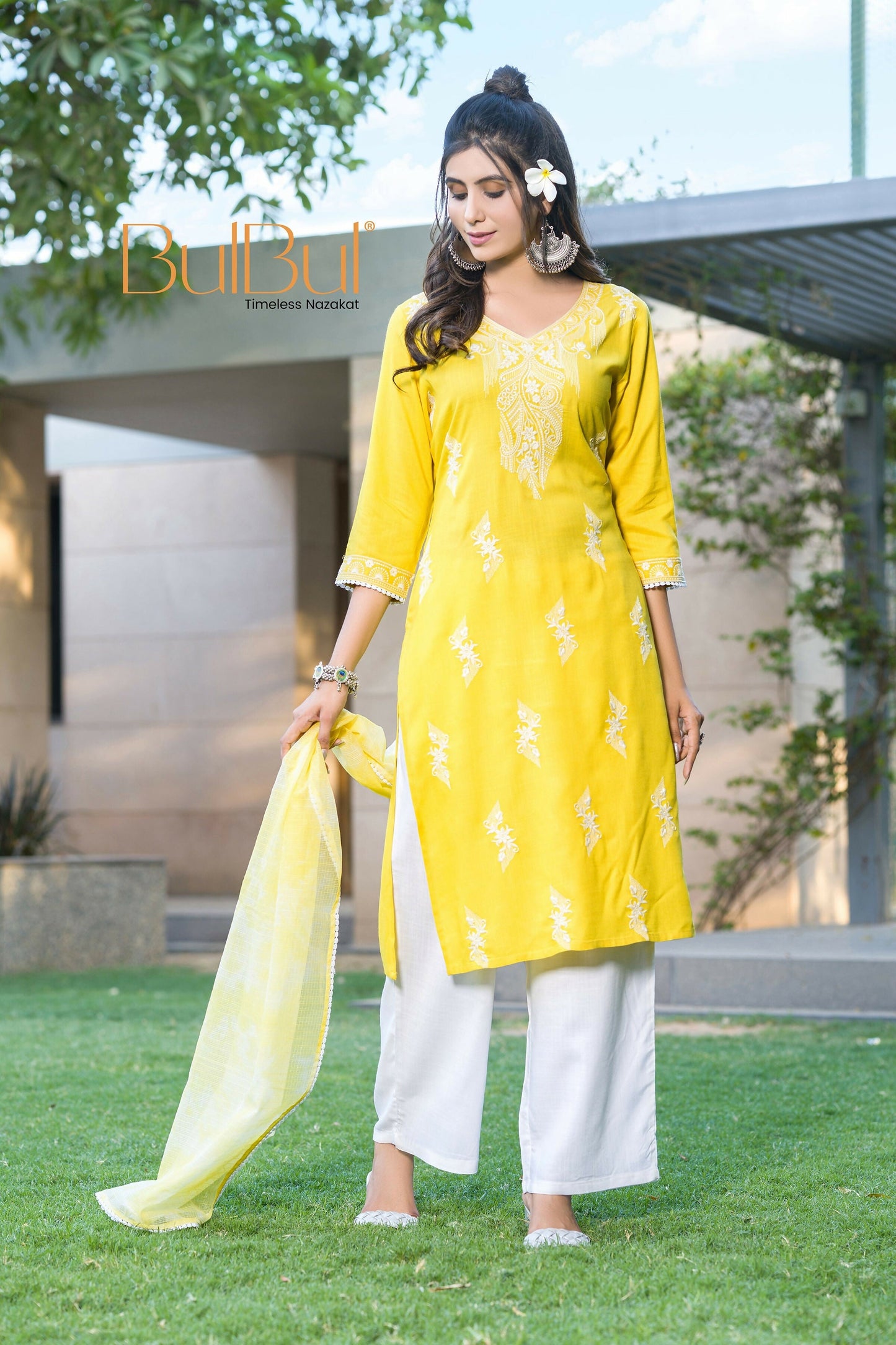 BulBul Pooja Yellow Rayon Kurta Set with Dupatta - Swadesiicart