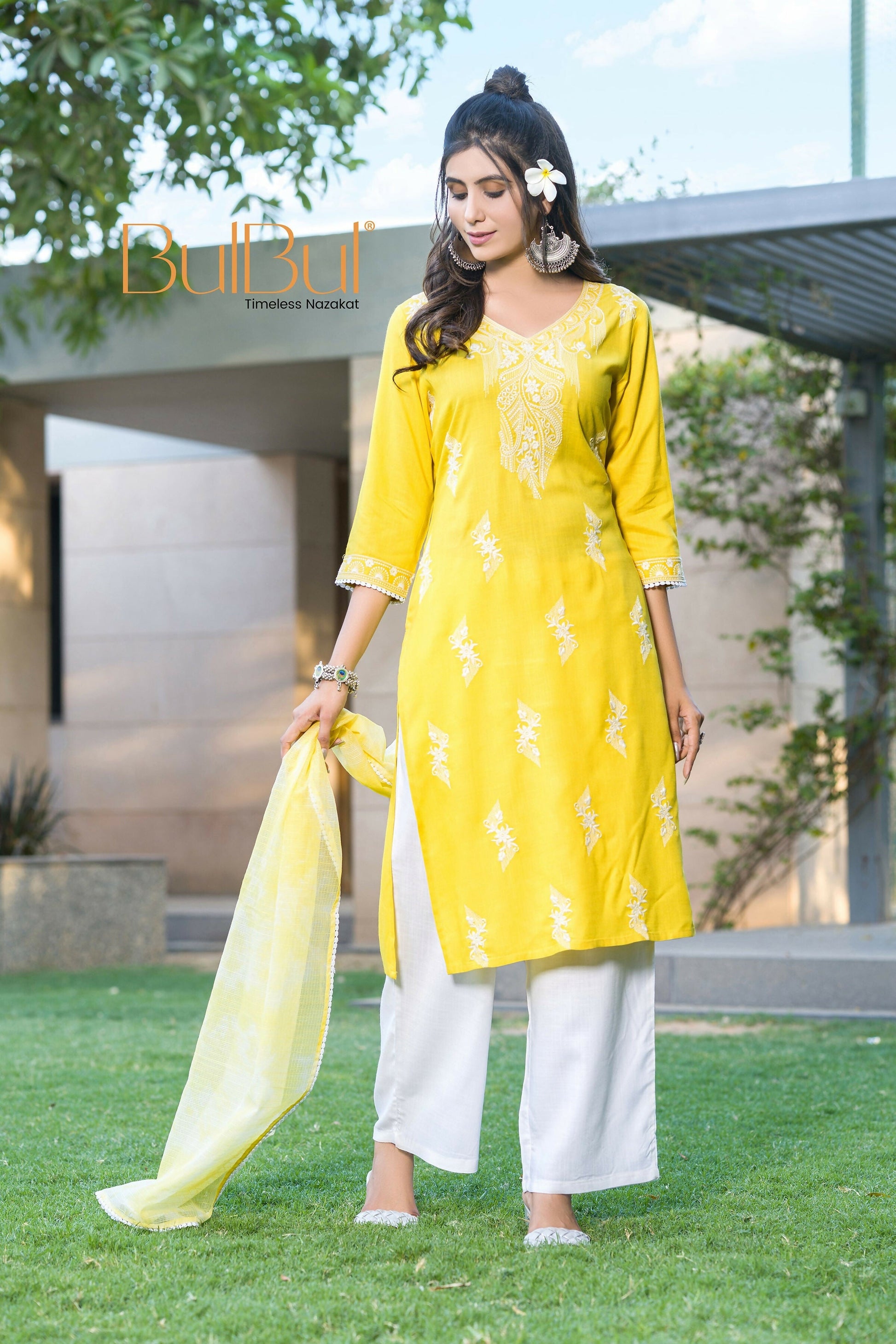 BulBul Pooja Yellow Rayon Kurta Set with Dupatta - Swadesiicart