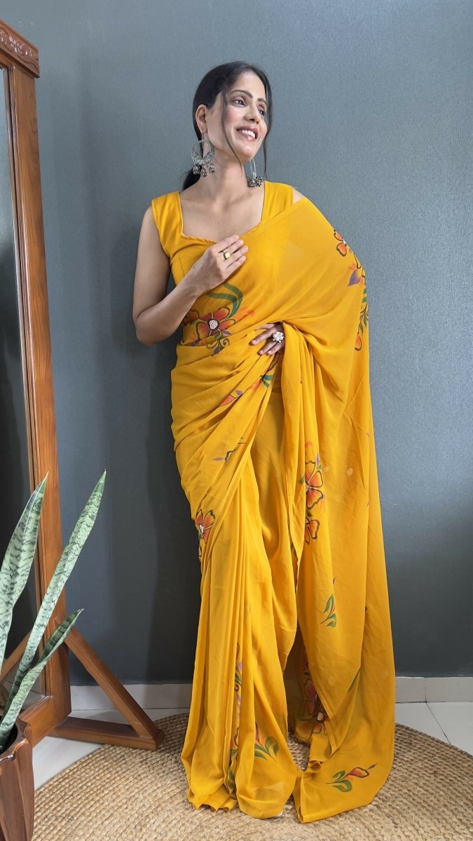 Aayaa Designer 1 min Hand Painted Ready to Wear saree - Mustard Yellow | Swadesiicart