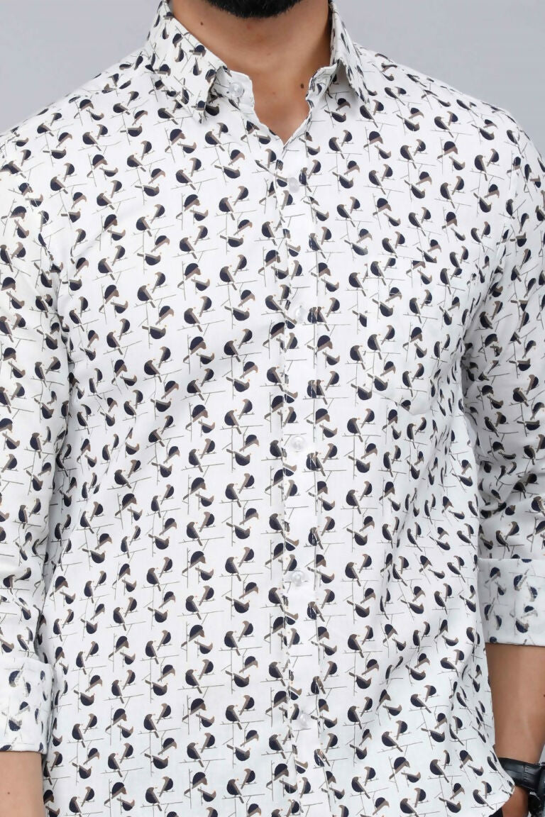 Miravan Men's White Spread Collar Bird Print Casual Shirt | Swadesiicart