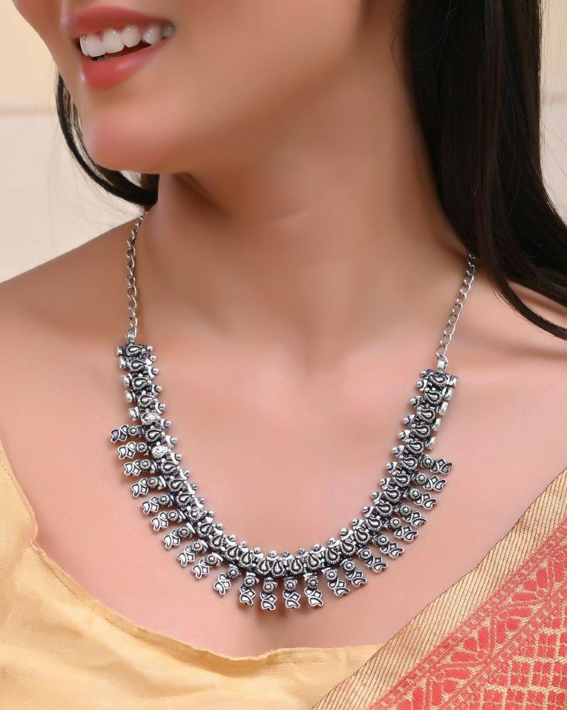 VOJ Silver-Toned Silver-Plated Oxidized Necklace | Swadesiicart