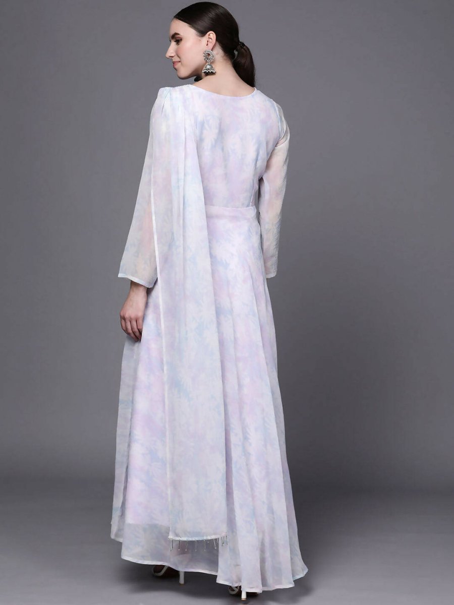 Ahalyaa Women Blue & White Floral Fit & Flare Maxi Ethnic Dress | Swadesiicart