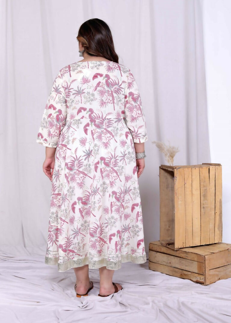 Miravan Women's Plus Size Pink Cotton Gota and Lace Border Birds and Leaf Floral Printed Anarkali Kurta - Swadesiicart
