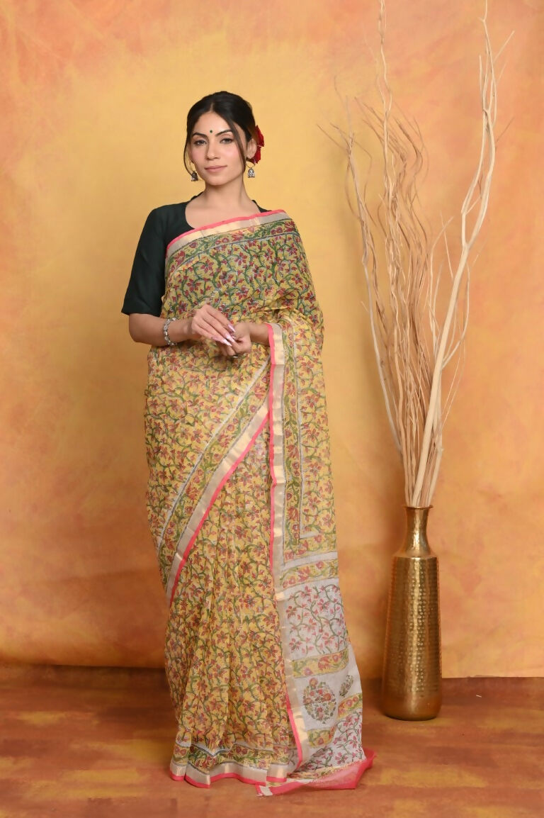 Very Much Indian Pure Kota Cotton Handblock Printed Saree - Yellow | Swadesiicart