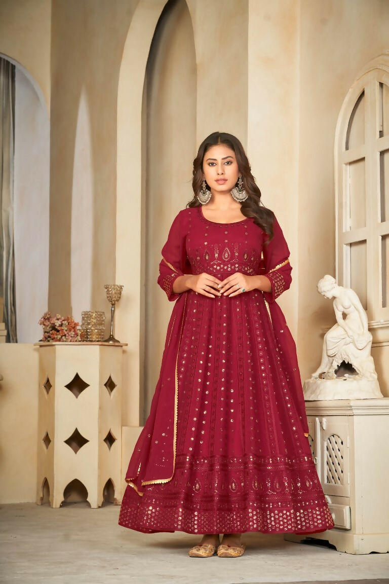 Jyoti Fashion Women's Maroon Georgette Embroidered Anarkali Kurta Pant Set With Dupatta | Swadesiicart