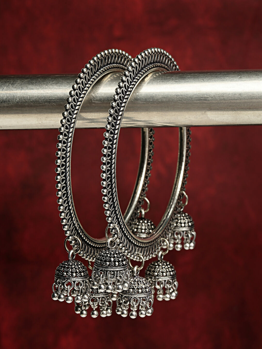 NVR Women's Set of 2 Silver-Toned German Silver Oxidised Bangle - Swadesiicart